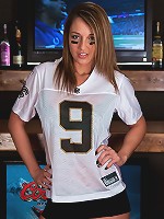 Nikkis wearing her Saints Jersey and cheering them on wearing a sheer black bra and tight black shorts