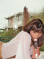 Sweet and naughty Dillan strips her sheer white lingerie sexily posing nude in the window