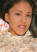 Classy asian babe Alexis in a gorgeous floral sheer white dress rubbing her pussy