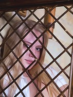 Shaved sexy blonde busty teen stripping on the stairs