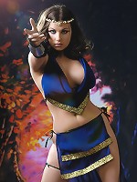 Busty brunette warrior babe taking off her blue dress