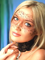 Hot skinny blonde babe in the black lace lingerie and bodyart